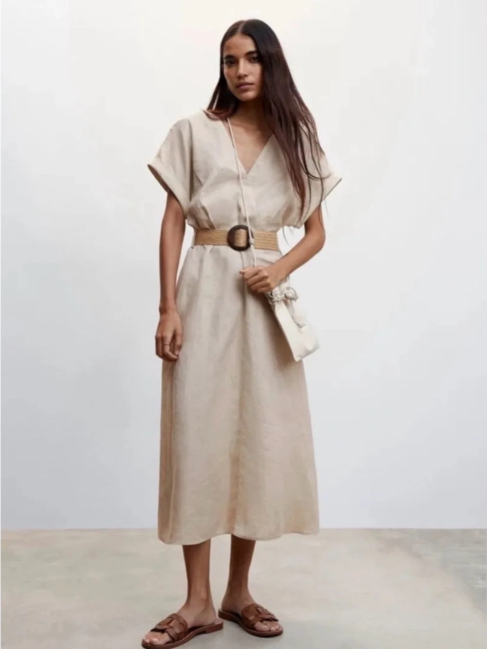 MNG Beige Linen Dress with Woven Belt